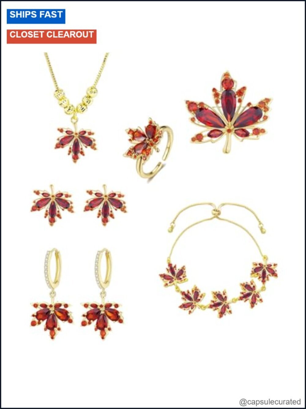 Maple Leaf 6-Piece Jewelry Set with Rhinestones Necklace Bracelet Earrings Ring